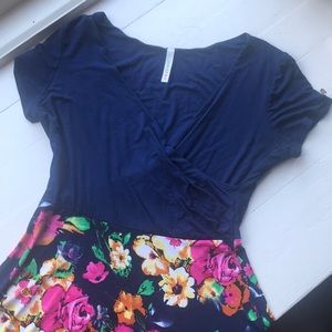 Navy and floral wrap front dress